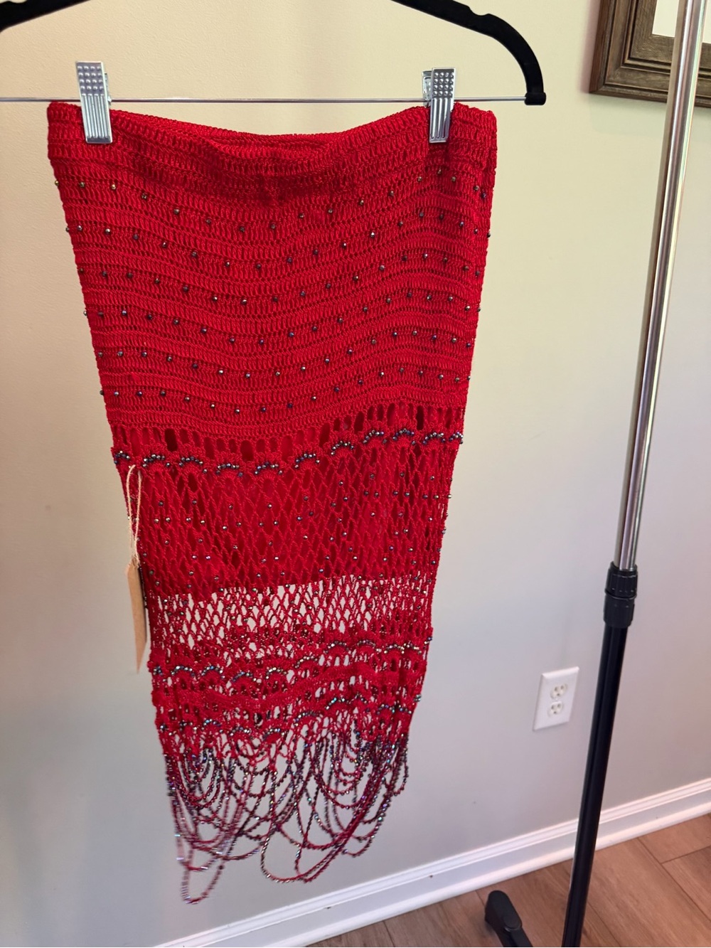 Festival Red Beaded Crochet Skirt pencil silhouette draped bedazzled beading